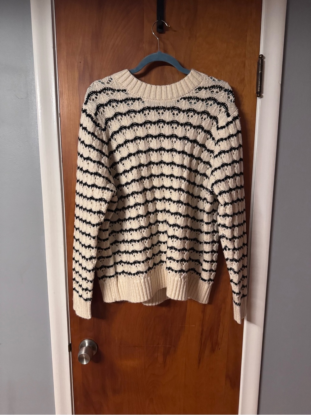 Falls Creek Cream and Black Striped Crewneck Sweater